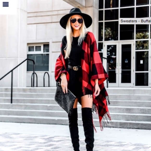 Red and White Plaid Poncho - Picture 1 of 2